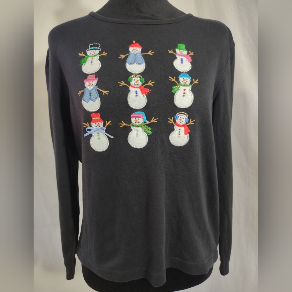 STUDIO JOY Women's Black Long Sleeve Shirt With Embroidered Snowmen Size MP